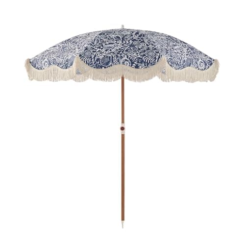 DEER LAND 6FT Fringe Beach Umbrella for Sand, Boho Coastal Patio Umbrella with Tassels, UPF 50+ Sun Protection, Tilt, Carry Bag for Beach Vacation & Pool, Reef Indigo - Image 1