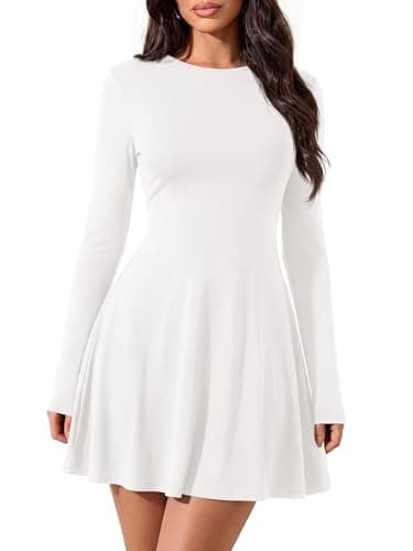 PRETTYGARDEN Womens Dresses Fall Casual Knit Long Sleeve Tie Back Waist A Line Swing Short Dress Ladies Vacation Clothes (White, X-Small) - Image 1
