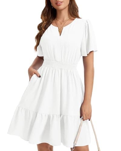 MFAVIP Womens 2026 Summer Casual Dress V Neck Ruffle Sleeve Elastic Waist A Line Flowy Boho Beach Vacation Sundress with Pockets D-White - Image 1