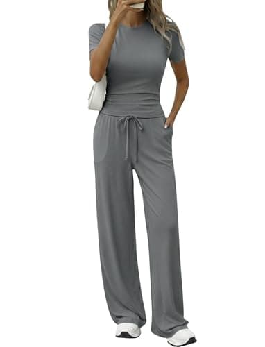 Flevita Womens Casual 2 Piece Set Short Sleeve Slim Tee with High Waisted Wide Leg Pants Sets Soft Pjs Airport Travel Outfits Dark Grey S 31" Inseam - Image 1