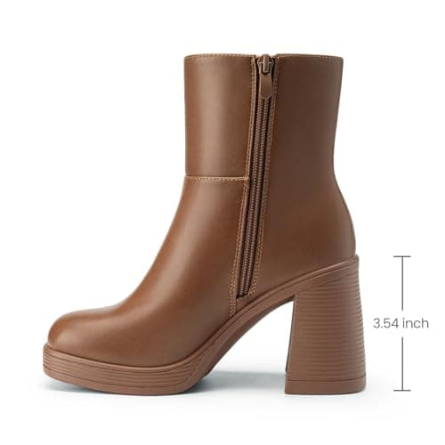 Athlefit Women's Platform Ankle Boots High Chunky Block Heel Boots Square Toe Fashion Dress Heeled Booties Caramel Size 6 - Thumbnail 4