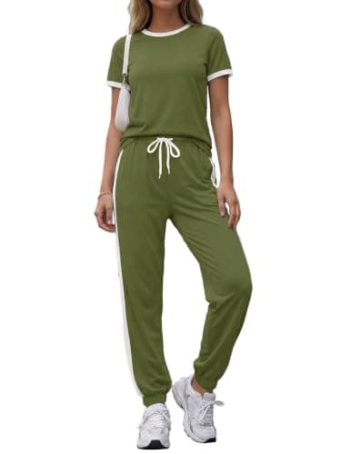 KBKBSN Women 2 Piece Outfits 2026 Summer Casual Sweatsuits Short Sleeve Top Lounge Sets Long Pants Tracksuits Set with Pocket Armygreen S - Image 1