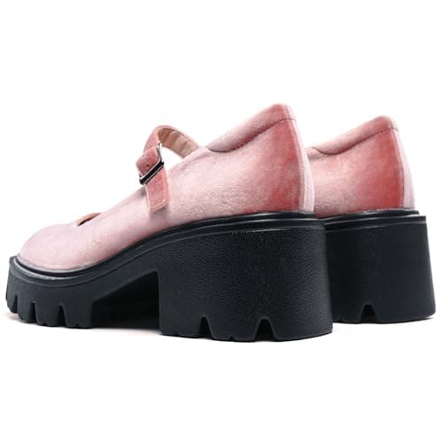 Elvora Women's Mary Jane Shoes - Platform Mary Janes for Women, Pink Velvet Round Toe Chunky Dress Shoes with Adjustable Ankle Strap - Thumbnail 2
