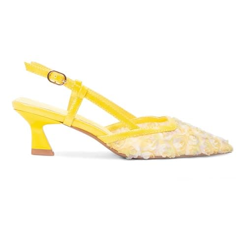 RUSAUISE Women's Close Toe Slingback Floral Kitten Heels Sandals Pointed Toe Mesh Low Heeled Buckle Strap Flowers Dressy Pump Shoes for Wedding Party Yellow Size 6 - Thumbnail 4