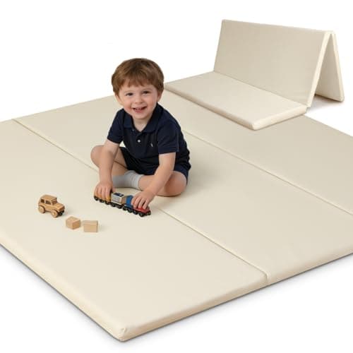 SEPARO Thick Trifold Baby Play Mat,Soft Vegan Leather 47x47 Play Mat for Playpen,Foldable Tummy Time Foam Floor Mats,Waterproof & Wipe-Clean for Toddler,Kids & Infants Playroom,Beige - Image 1