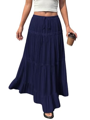 BTFBM Spring Skirts for Women 2026 Summer Boho Beach Vacation Clothes Casual Pleated High Waisted Flowy Maxi Skirt(Navy Blue, X-Large) - Image 1