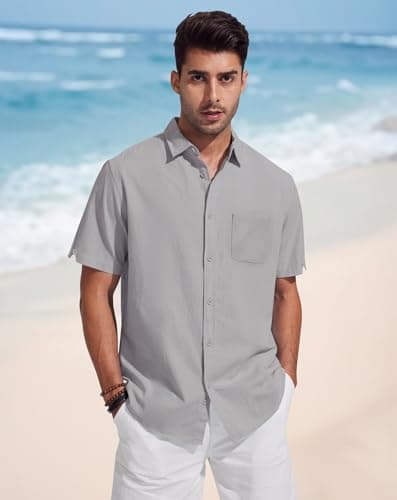 JEKAOYI Button Down Linen Shirts for Men Short Sleeves Cotton Casual Shirt with Pockets for Summer Beach Grey - Thumbnail 2