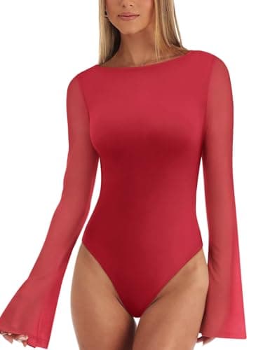 REORIA Women’s Fashion Sexy Boat Neck Classy Bell Sleeve Double Lined Sheer Mesh Cute Night Out Bodysuit Tops For Party Red XX-Large - Thumbnail 2