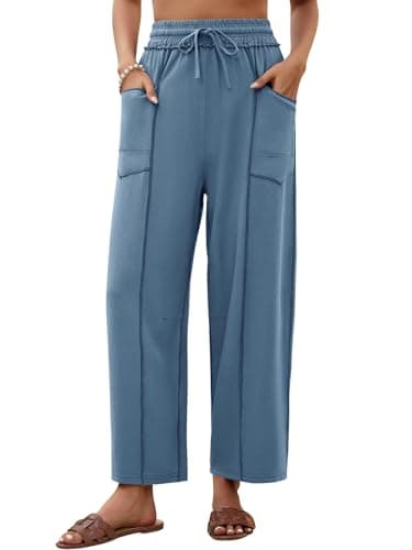 grewley Womens Linen Barrel Pants Baggy Wide Leg Pants Summer Palazzo Drawstring Waist Pants with Pockets Casual Blue S - Image 1