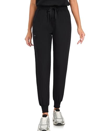 VECARDI Scrub Pants for Women Four Way Stretch Yoga Joggers High Rise Zipper Cargo Pants with 5 Pockets Classic Black - Thumbnail 3