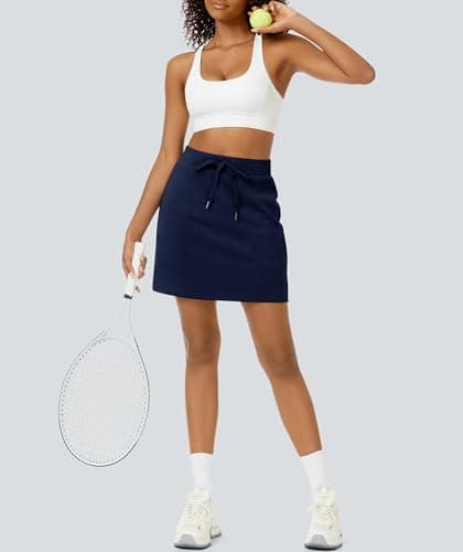 Casly Lamiit Skorts for Women Dressy Casual High Waisted Drawstring Tennis Skirts Comfortable Summer Active Sweat Lounge Skirt Navy Blue L - Thumbnail 5