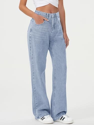 HDLTE Women's Wide Leg High Waist Baggy Blue Washed, Sky Blue Jeans - Thumbnail 4