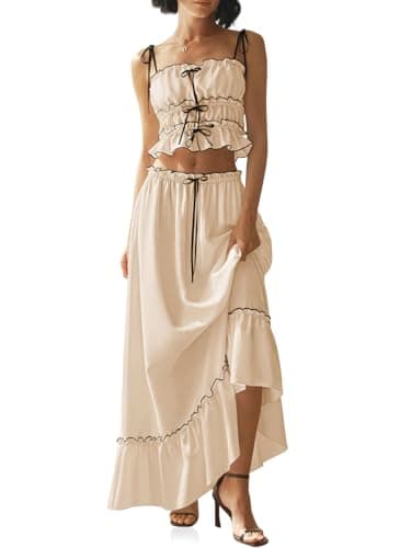 Wenrine Women's Summer 2 Piece Skirt Sets Casual Spaghetti Straps Cropped Cami Ruffle Maxi Skirt Flowy Beach Outfit Beige - Image 1