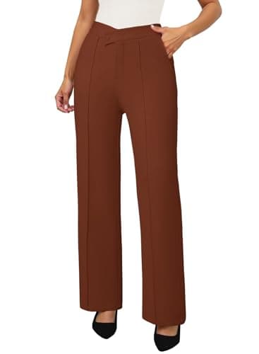 Pink Queen Straight Leg Work Pants for Women High Waisted Crossover Tummy Control Wide Leg Black Dress Pants Women Slacks Flat Front Floor Length Stretchy Pull On Long Trousers for Work Cinnamon XL - Image 1
