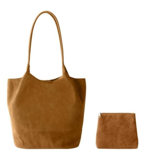 Large Suede Tote Bag for Women, Soft Vegan Leather Hobo Handbag Trendy Top Handle Shoulder Purse Slouchy Bucket Bag (Brown) - Image 1