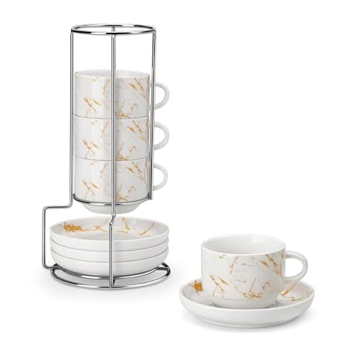 MALACASA 4 OZ Porcelain Espresso Cups with Saucers and Metal Stand Set of 4, Stackable Cappuccino Cups, Marble White Expresso Shots Cup Set for Coffee Drinks, Latte, Tea - Image 1