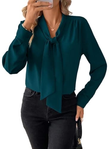 Astylish Women's Bow Tie Neck Long Sleeve Tops Casual Dressy Elegant Office Work Blouse Shirt Sea Green X-Large - Image 1