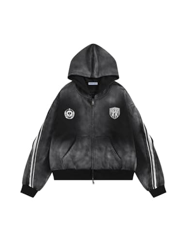 Aelfric Eden Stripe Washed Zip Up Hoodie Graphic Number Print Hooded Sweatshirts Vintage Cotton Jackets Unisex Black Medium
