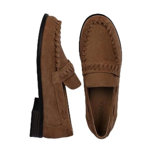 VIUGJNEX Suede Brown Caramel Loafers Women Dressy Penny Loafers Low Chunky Heel Slip-On Shoes for Women Business Casual Size 7 - Image 1