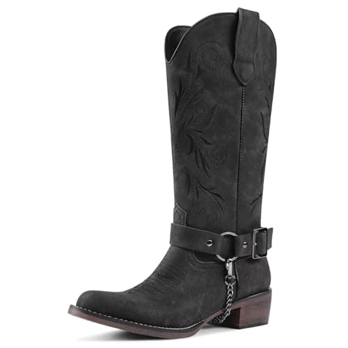 GPXGPX Womens Cowboy Boots Embroidered Cowgirl Boots Mid Calf, With Removable Belt Low Block Heel Round Toe Western Boots Black 9.5 - Image 1