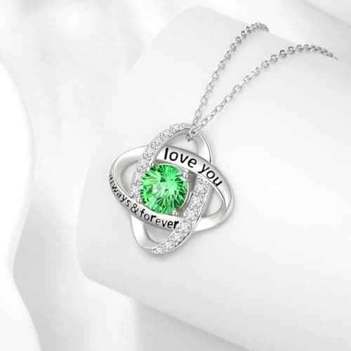 Birthstone Love Knot Pendant Necklace - 925 Sterling Silver Firework-Cut Cubic Zirconia Love You Forever Necklace Anniversary Birthday Jewelry Gift for Women Wife Mom Daughter (E.May) - Thumbnail 2