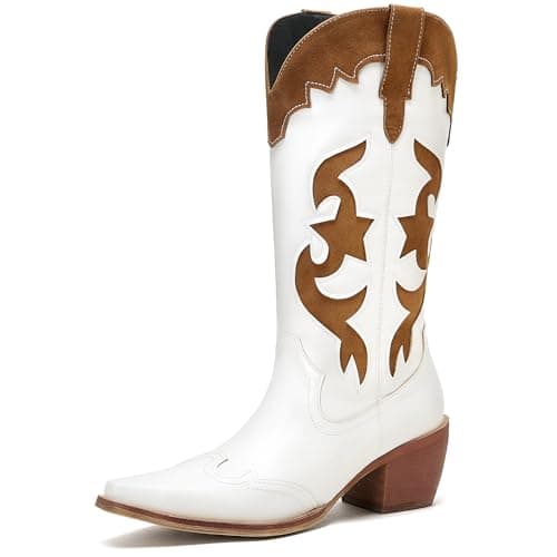 ElegaStep Cowboy Boots for Women Wide Calf Cowgirl Boots White Patchwork Mid Calf Western Boots with Pointed Toe Pull On Chuncky heel Retro US 10.5 - Image 1