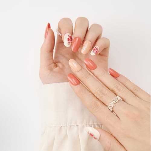short round press on nails orange - floral acrylic fake nails salon quality reusable tips for women, perfect DIY manicure at home, 24 Nails in 12 Sizes - Thumbnail 3