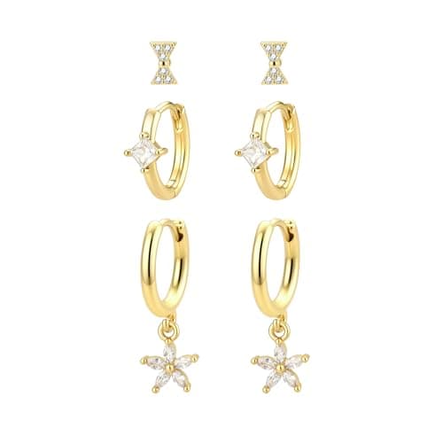 Gold Earring Stack Set for Women, 3 Pairs 14K Gold Plated Earrings Set, Huggie Hoop Earrings For Women Hypoallergenic Non Tarnish CZ Bow Stud Flower Dangle Earrings Jewelry Gift - Image 1