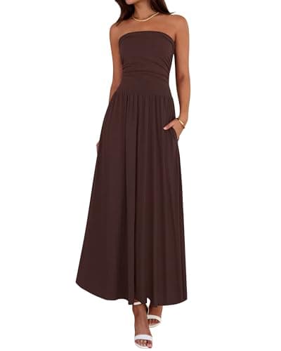 BTFBM Summer Maxi Dresses for Women 2026 Strapless Ruched Tube Top Beach Vacation Spring Wedding Guest Dress Pockets (Brown, Medium) - Image 1