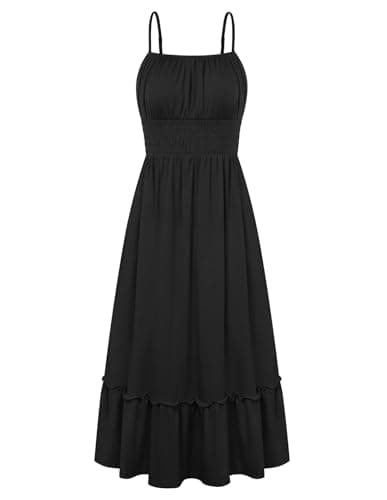 Summer Beach Dress for Womenr Maxi Dress Smocked Spaghetti Strap Flowy A Line Long Sun Dresses with Pockets Black M - Image 1
