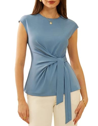 Tie Front Tops for Women Cap Sleeve Summer Work Tops Crew Neck Tie Waist Elegant Workout Shirt Gray Blue XL - Image 1