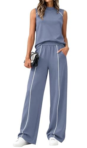 BTFBM Womens 2 Piece Lounge Set 2026 Striped Travel Outfits Sweatsuit Mock Neck Tank Top Wide Leg Pants Casual Activewear(Grey Blue, X-Large) - Image 1