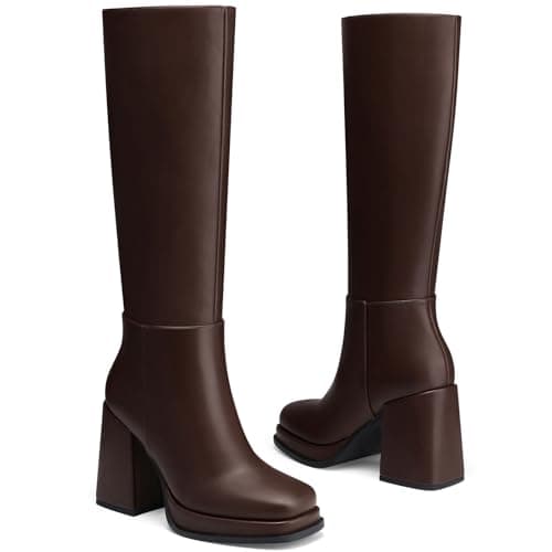 CELLENZ Women Knee High Boots: Trendy Boots with Side Zipper - Platform Block Knee Boot Womens - Brown Leather Fall Knee High Boot Trip Size 8 - Thumbnail 4