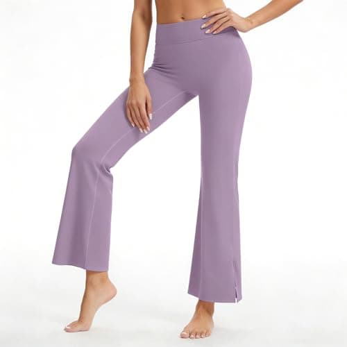Women's High Waist Full-Length Flare Leggings with Side Slit - Tummy Control Butt Lifting Gym Yoga Pants (Purple, Large) - Thumbnail 4