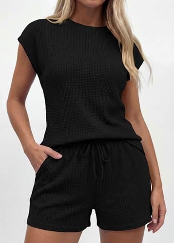 KIRUNDO Short Sets For Women 2026 Summer Cap Sleeve Two Piece Set Waffle Knit Matching Lounge Drawstring Vacation Outfits(Black, Medium) - Thumbnail 5