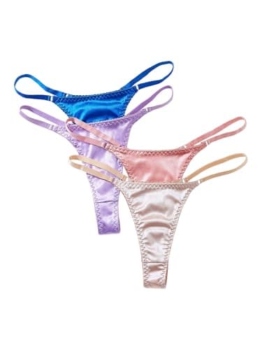 SHENHE Women's 4 Pack Satin G String Thongs Low Rise Silky Sexy Thongs Panties Underwear Blue Pink Purple Khaki X-Large - Image 1