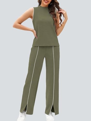 Casly Lamiit Lounge Set Women 2 Piece Sets Summer Workout Sets Sleeveless Airport Vacation Outfits Army Green 2XL - Thumbnail 2