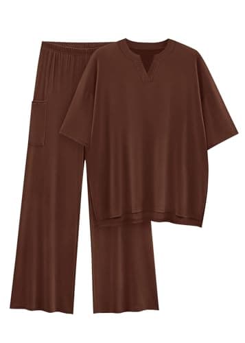 KIRUNDO Two Piece Sets for Women Lounge Set Airport Travel Summer Outfits 2026 Comfy Short Sleeve Top Matching Wide Leg Pants(Brown, Medium) - Image 1