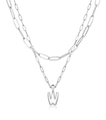 adoyi Silver Initial Necklace for Women 14k Gold Plated Layered Bubble Letter Necklaces Trendy Jewelry Chain Name W Pendant Necklace Stack Birthday Valentines Gifts - Image 1