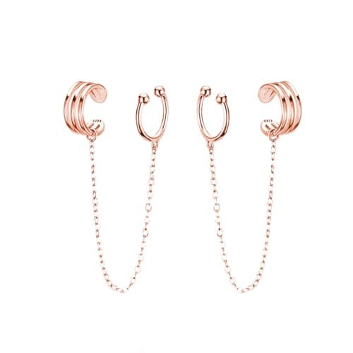 Reffeer Solid 925 Sterling Silver Cuff Chain Earrings Wraps for Women Teen Girls Wrap Earrings Non Piercing Ear Cuffs (C-Rose Gold)