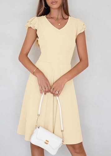 Lazysmile Summer Dresses for Women Ruffle Short Sleeve V Neck A Line Swing Ribbed Knit Casual Mini Short Dress Apricot - Thumbnail 5