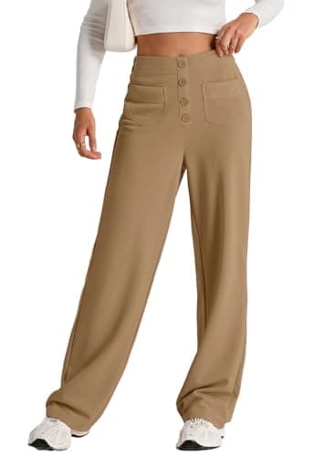 Womens High Waist Button Stretchy Work Pants Straight Leg Formal Office Ladies Dress Pant Business Casual Trousers Knit Comfy Loose Travel Slacks Cute 2026 Womens Pants with Pocket Khaki XX-Large - Image 1