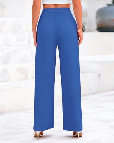 BTFBM Palazzo Pants for Women 2026 Summer Clothes Pockets High Waist Casual Ribbed Knit Flowy Spring Wide Leg Trousers(Blue, X-Large) - Thumbnail 5