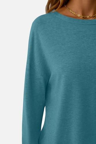 GKBK Long Sleeve Shirts for Women Crew Neck Basic Tops Casual Loose Fitted Fall Clothes 2025 Cyan L - Thumbnail 3