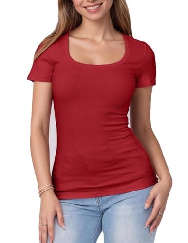 Women Short Sleeve Tops Ribbed Knit Slim Fit U Neck Top Basic Tee Shirts for Summer Casual Trendy Blouse Red - Image 1