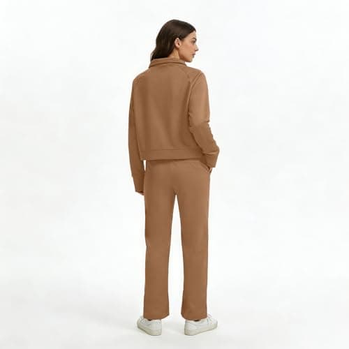 Anyshe Women's 2 Piece Sweatsuit Set Lounge Set Half Zip Sweatshirt with Kangaroo Pocket Thumb Holes Wide Leg Drawstring Pants Casual Tracksuit for Travel Daily Wear, Dark Khaki, Large - Thumbnail 4