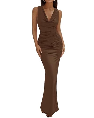 BTFBM Cocktail Dresses for Women Spring 2026 Cowl Neck Sleeveless Ruched Slim Fit Maxi Summer Formal Wedding Guest Dress(Brown, Small) - Image 1