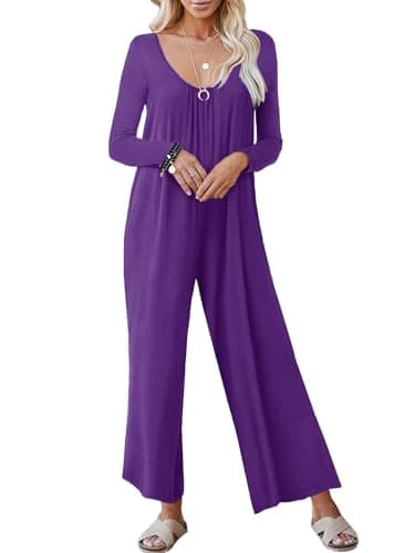 STOLKISS Long Sleeve Jumpsuit for Women Plus Stretchy Loose Fit Dressy V Neck Long Pants Rompers with Pockets 2024 Purple - Thumbnail 2