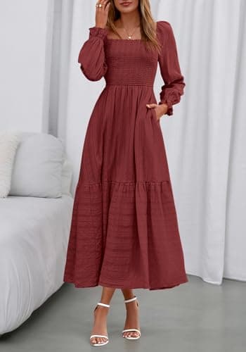 BTFBM Women Maxi Spring Dresses 2026 Long Sleeve Solid Color Square Neck Smocked Boho Long Wedding Guest Dress(Brown Red,XX-Large) - Thumbnail 6