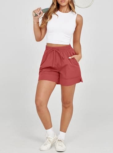 Dokotoo Athletic Shorts for Women Red Running Workout Gym Womens Shorts High Waisted Causal Summer Outfits 2026 Beach Vacation Clothes Pockets Spring Elastic Quick Dry Yoga Size Medium Hiking - Thumbnail 3